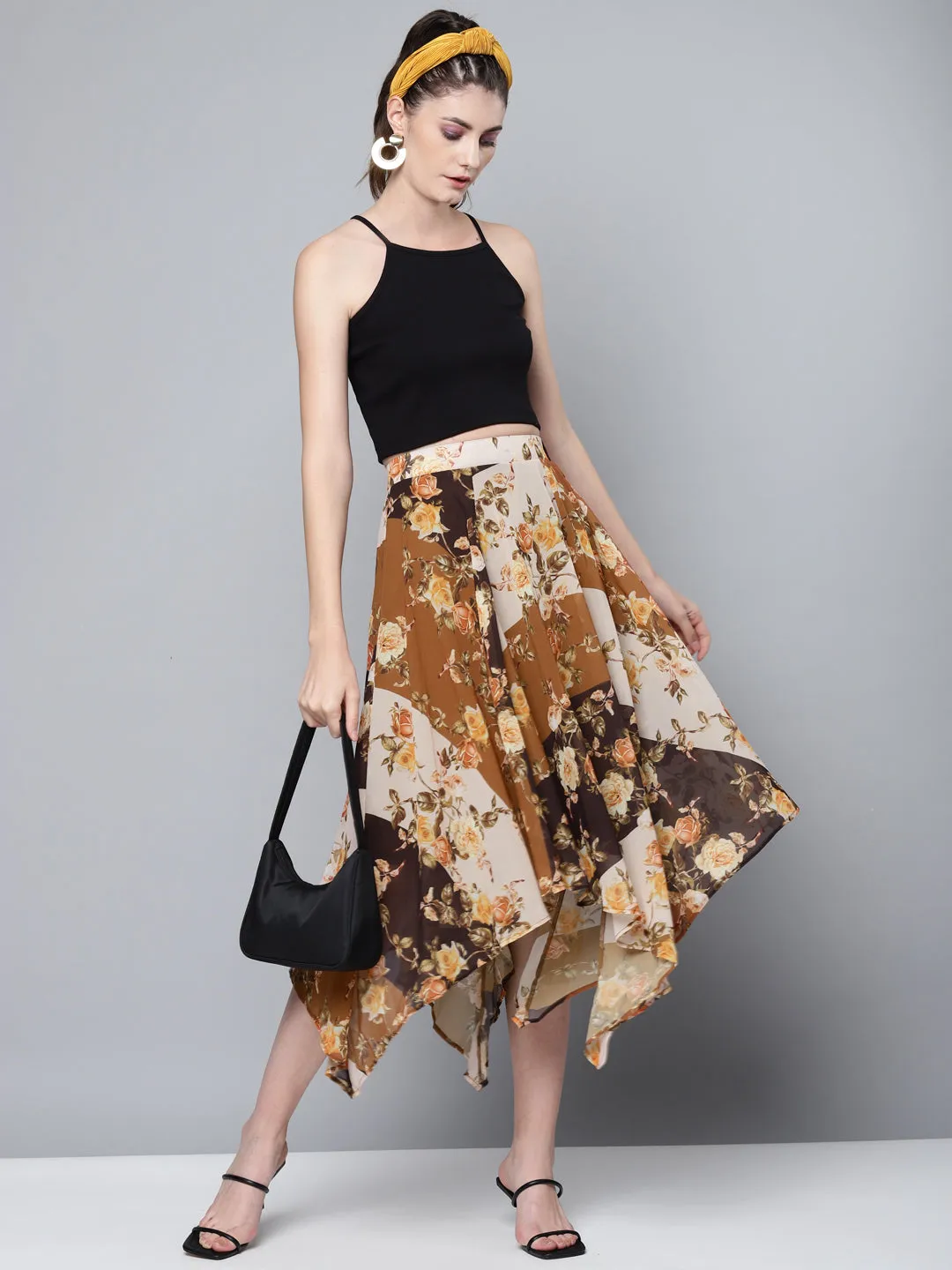 Women Brown Floral Asymmetric Midi Skirt