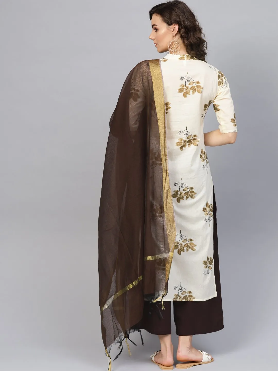 Women Cream-Coloured & Coffee Brown Printed Kurta With Palazzos & Dupatta