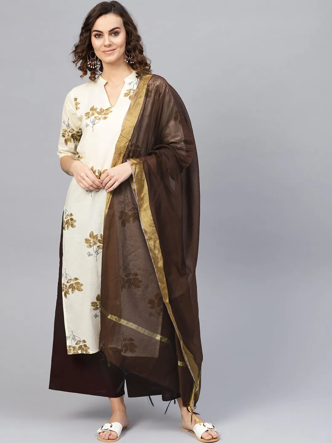 Women Cream-Coloured & Coffee Brown Printed Kurta With Palazzos & Dupatta