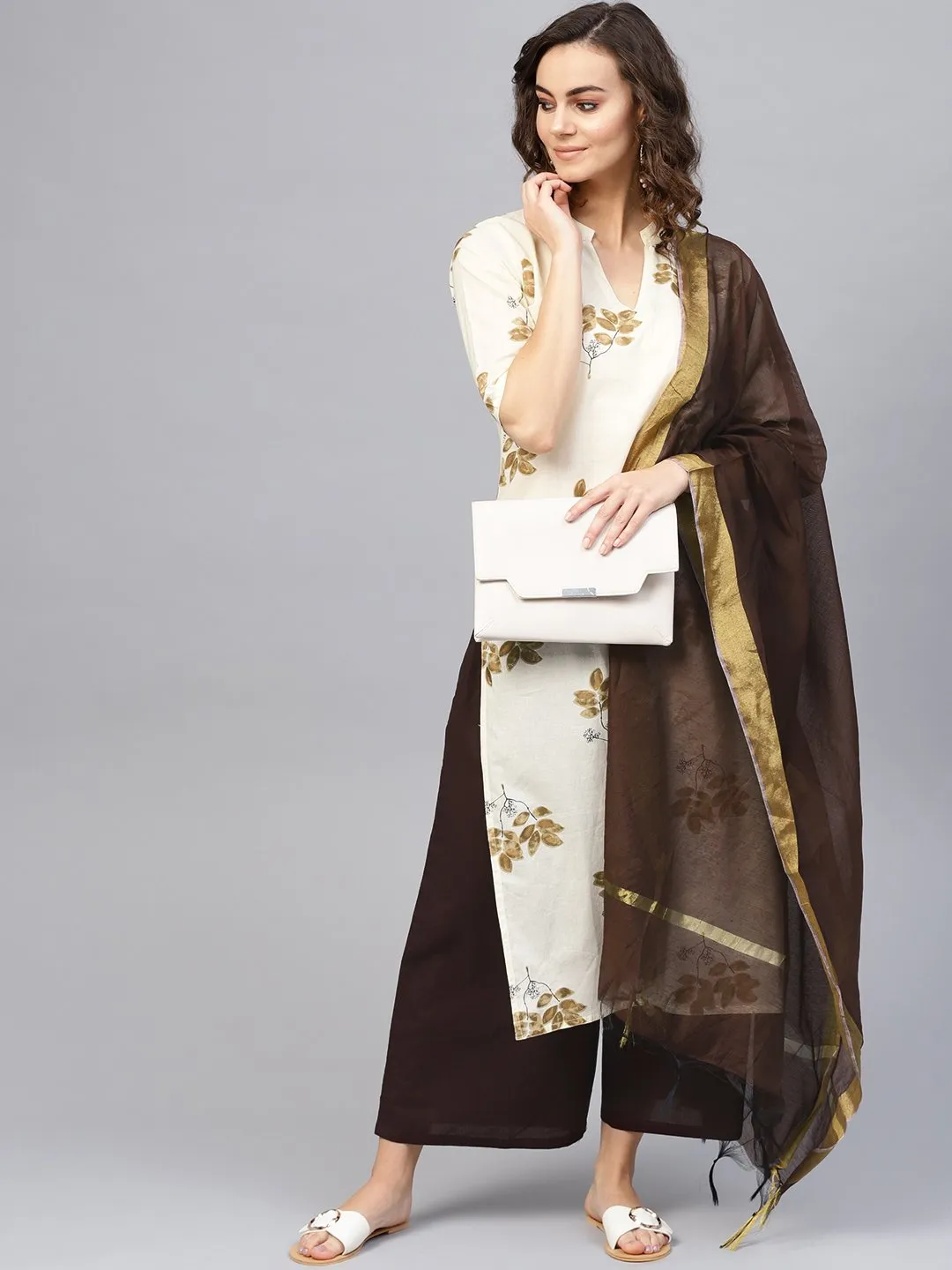 Women Cream-Coloured & Coffee Brown Printed Kurta With Palazzos & Dupatta