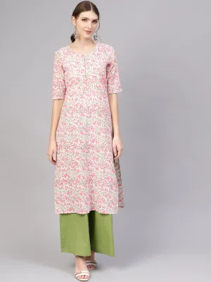 Women Pink & Green Printed Kurta With Palazzos