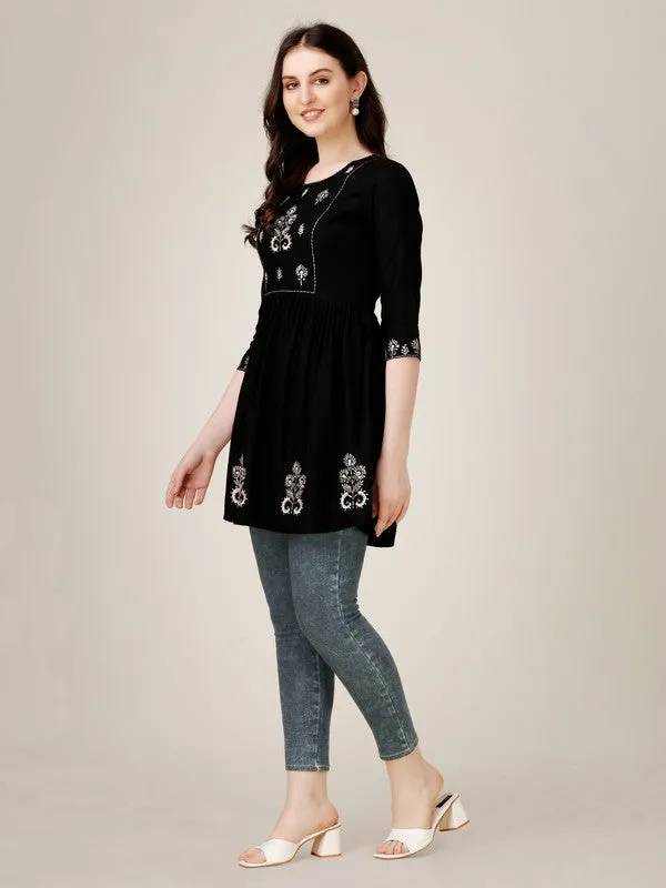 Womens Embroidered A-Line Black Tunic