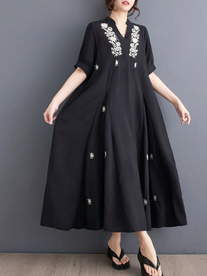 Women's Flower Embroidered Trumpet Sleeves A-Line Dress